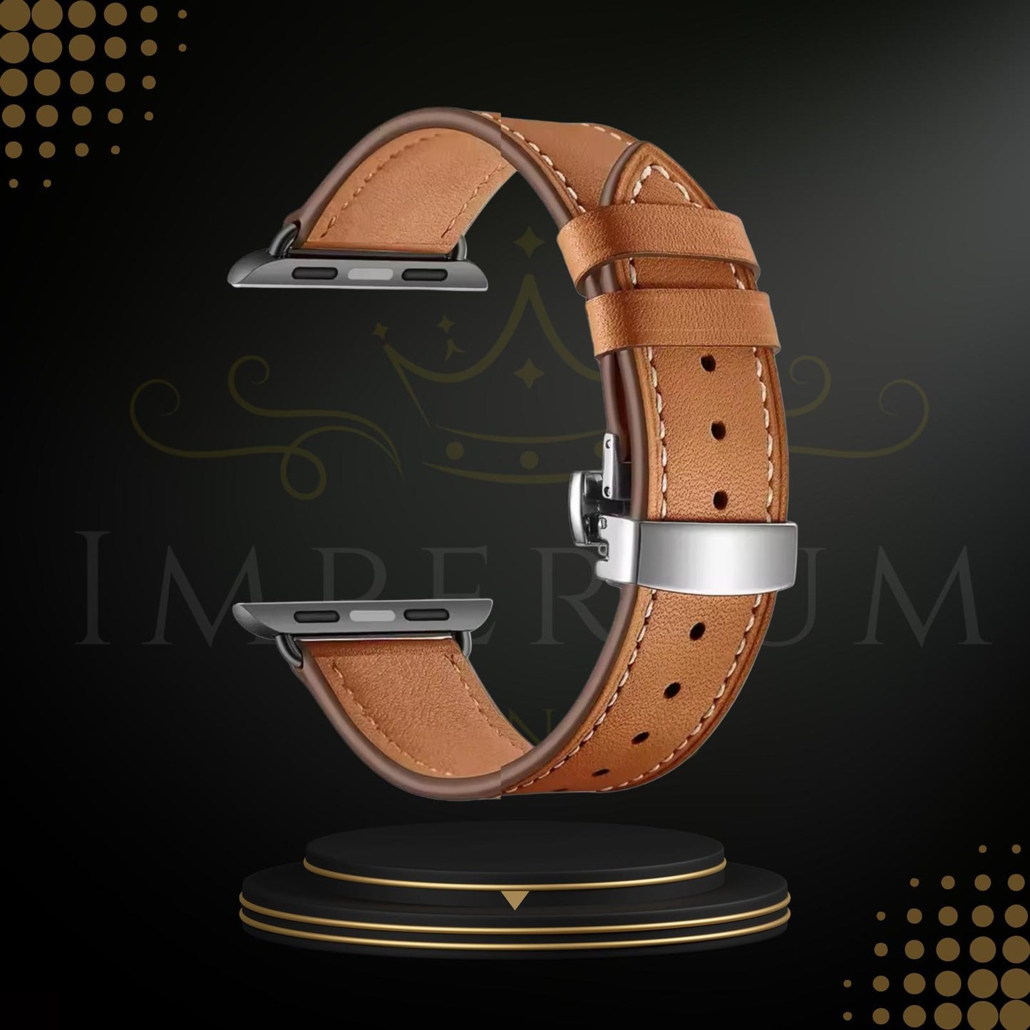 Luxury Vintage Cognac | Genuine Leather Strap with Black Connectors and Chrome Butterfly Clasp 42/44/45/49MM 