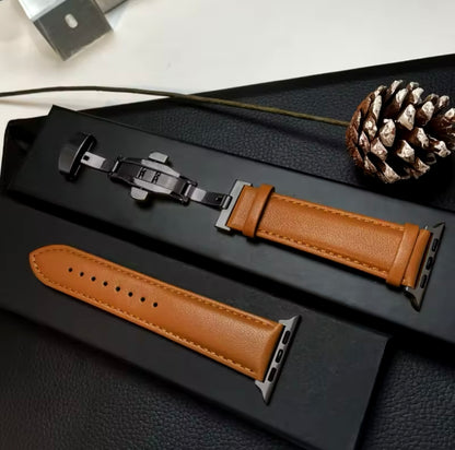 Luxury Vintage Cognac 38/40/41mm | Genuine Leather Strap with Black Connectors and Chrome Butterfly Clasp