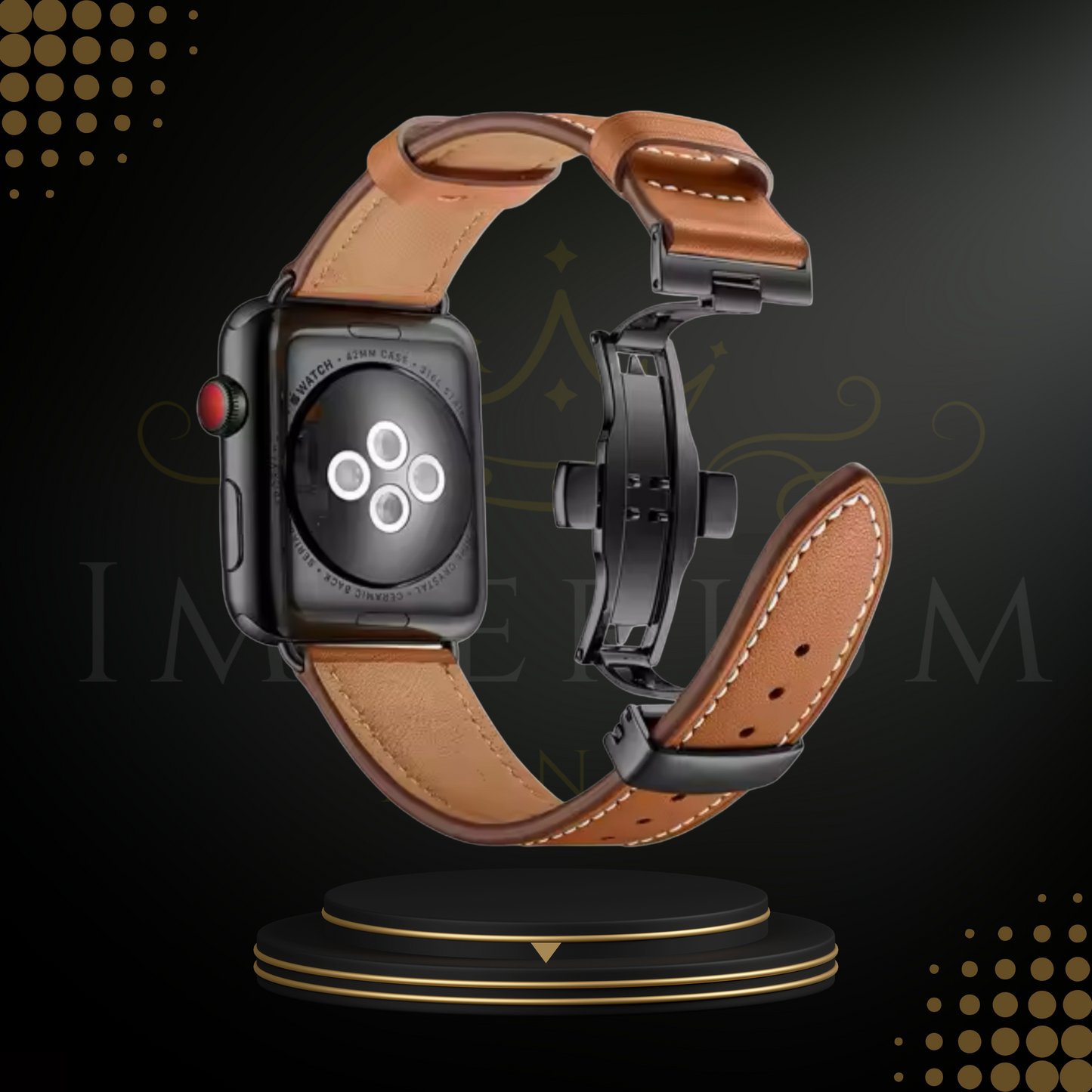 Luxury Vintage Cognac 38/40/41mm | Genuine Leather Strap with Black Connectors and Chrome Butterfly Clasp